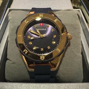 MICHELE Tahitian Jelly Bean Topaz Quartz Wrist Watch Blue Silicone Gold Diamond